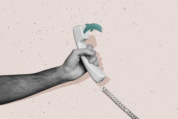 Composite photo collage of hand hold telephone handset helpline jump dolphin telecommunication zoo wild isolated on painted background © deagreez