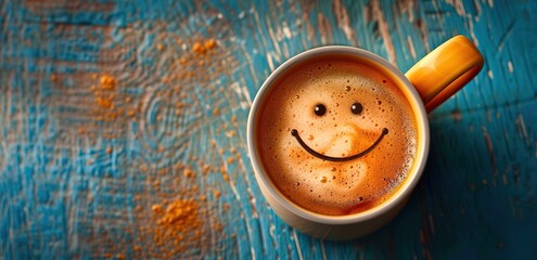 a glass of coffee with a smiling emoji symbol on an abstract table
