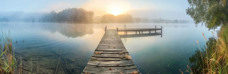 Fototapeta premium Sunrise Over a Misty Lake with a Wooden Pier