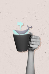 Vertical photo collage of hand hold water cup whale animal inside wild fish flora protection drink...