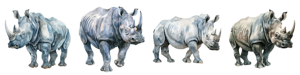 Fototapeta premium Illustration of four rhinoceroses with varying poses. Perfect for educational, wildlife, or artistic purposes.