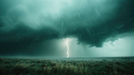 This image captures the intensity of a lightning storm, with a bright bolt of lightning piercing through the heavy rain and dark clouds, over a wide-open field.