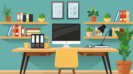 Modern Home Office Interior Design with Desk, Chair and Bookshelves.