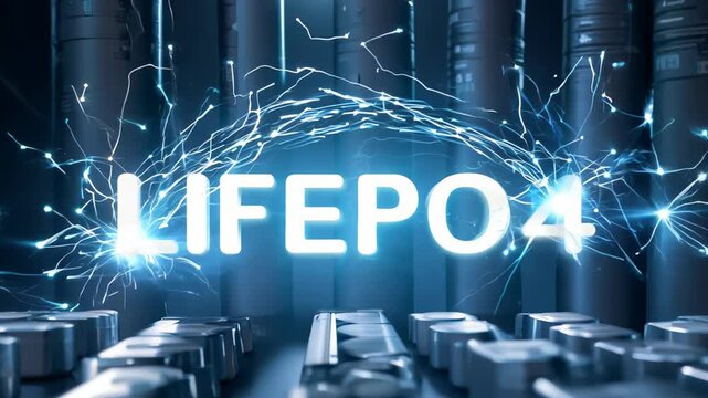 The inscription "LiFePo4" on the background of electrical discharges and a printed circuit board.
Concept: modern technologies, energy and batteries, innovation electricity.