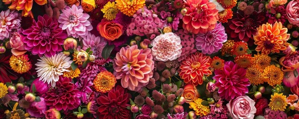 Wall background with red, orange, pink, purple, green and white flowers. Wedding decoration. Flower shop background. Hand-made beautiful flower wall background.