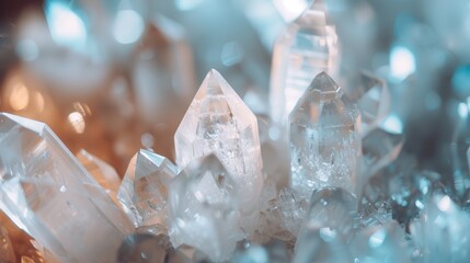 A detailed close-up of clear quartz crystals illuminated by soft, sparkly lights, showcasing the intricate structure and transparent beauty of the crystals in a dreamy, ethereal setting.