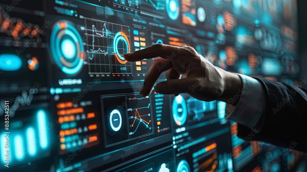 Poster businessman touch automated data management system to create reports with kpis and indicators connec