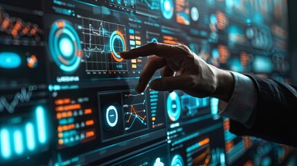 Businessman touch automated data management system to create reports with KPIs and indicators connected to the database. Data analysis with intelligent AI robot technology in business analysis 
