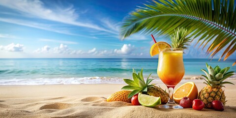 Fototapeta premium Cocktail with tropical fruits on sandy beach with ocean in background, cocktail, beach, tropical, fruits, sand, ocean