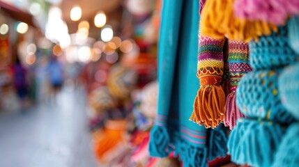 Fototapeta premium An image depicting a colorful market scene with vibrant textiles, including scarves and shawls, hanging and displayed beautifully, evoking a sense of cultural richness and vibrancy.