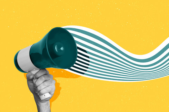 Composite photo collage of human hand hold loudspeaker retro device noise voice rebellion information spread isolated on painted background