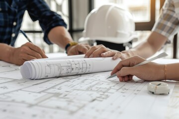 Engineers brainstorming and measuring for cost estimating on house and building blueprints and floor plans