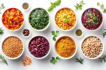 Colorful bowls of spices herbs and beans on a white background