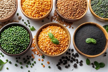 Fototapeta premium Colorful Variety of Lentils and Peas in Wooden Bowls