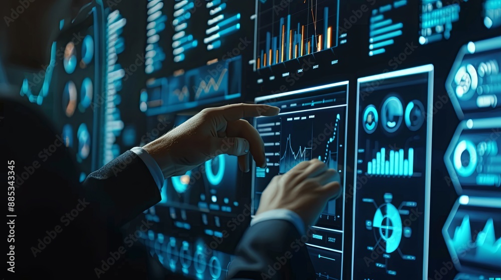 Poster businessman touch automated data management system to create reports with kpis and indicators connec