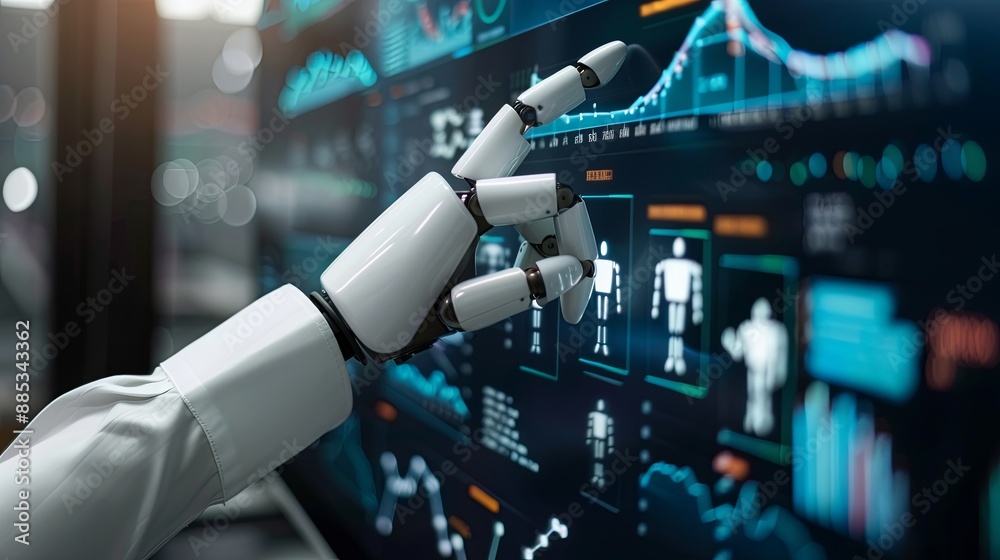 Poster businessman touch automated data management system to create reports with kpis and indicators connec