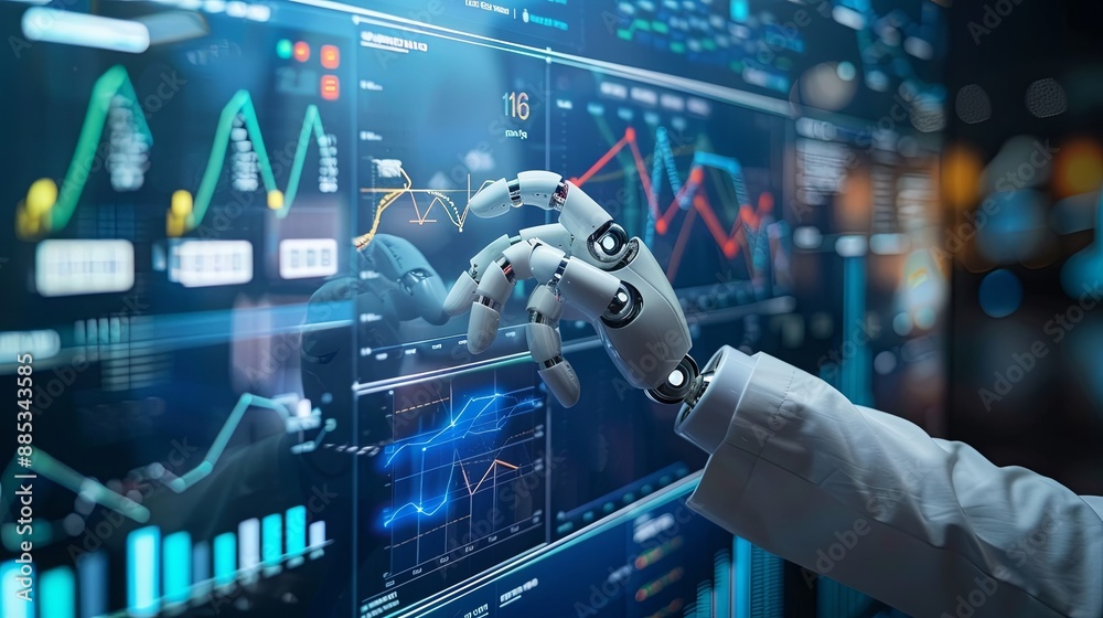 Poster businessman touch automated data management system to create reports with kpis and indicators connec
