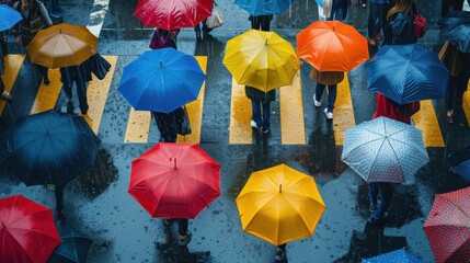 A lively and detailed photo of people huddling under umbrellas at a busy street crossing during a downpour