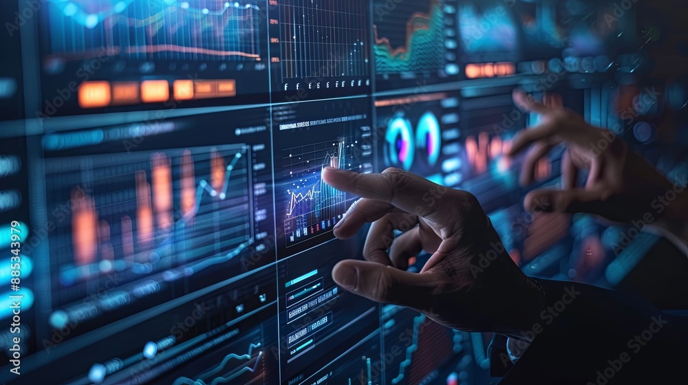 Poster businessman touch automated data management system to create reports with kpis and indicators connec