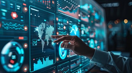 Businessman touch automated data management system to create reports with KPIs and indicators connected to the database. Data analysis with intelligent AI robot technology in business analysis 