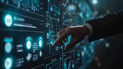 Businessman touch automated data management system to create reports with KPIs and indicators connected to the database. Data analysis with intelligent AI robot technology in business analysis 
