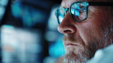 The image shows a blurred foreground with screens in the background displaying various data and graphs, indicating a high-tech or financial environment.