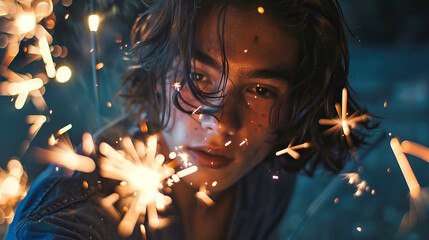 A girl lighting sparklers glowing festival celebration