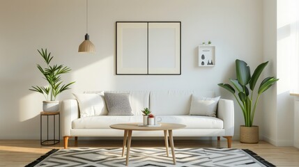 Minimalist living room with white sofa, wooden table, indoor plants, and modern decor, featuring a cozy and inviting atmosphere.