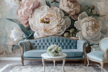 Interior of a modern living room with a beautiful floral mural and flowers on the wall