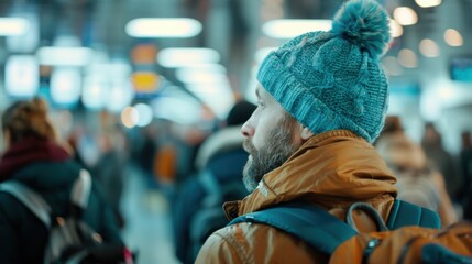 Obraz premium An individual dressed in winter attire, including a blue beanie, navigates through a crowded airport, highlighting the winter travel rush amidst a sea of fellow travelers.