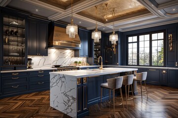 Obraz premium Kitchen decor in dark blue, interior design in a country house, countertops and appliances, generative stock in a country house