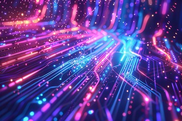 Animated neon blocks illustrating data flow, business analytics, and stock in a futuristic abstract technology background.