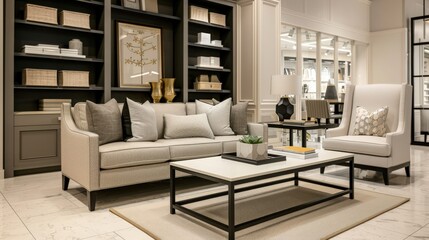 Modern living room with elegant beige sofa, stylish coffee table, and bookshelf, creating a sophisticated and cozy atmosphere.