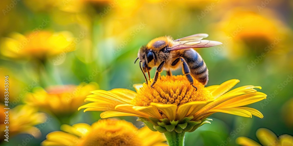 Sticker Bee perched on a vibrant yellow flower in a garden , nature, pollination, bee, yellow, floral, macro, garden, insect, close-up