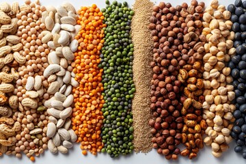 Colorful variety of beans peas and seeds arranged in neat rows on white background