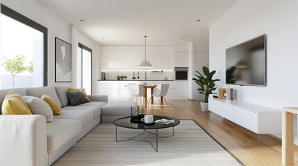 Fototapeta premium Modern open-concept living room and kitchen with minimalistic design, natural light, wooden flooring, and neutral color palette.