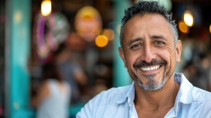 Fototapeta premium A cheerful man with a graying beard and casual shirt smiles warmly at the camera, set against a blurred backdrop of lights and activity in a lively environment.
