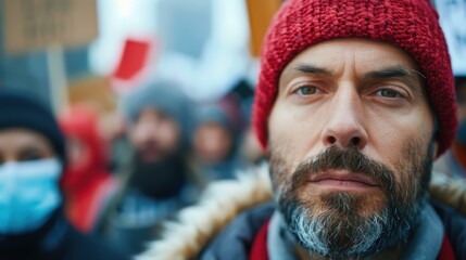 Obraz premium A serious-looking man, wearing a red knit cap and a warm jacket, stands amidst a crowd, likely at a protest or rally, conveying determination and resolve.