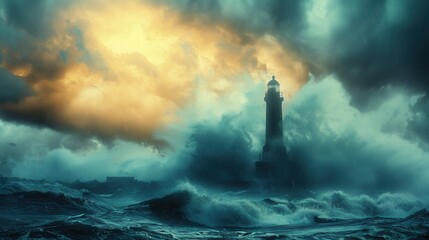 A dramatic and clear photo of a lighthouse standing strong against a backdrop of stormy seas and pouring rain