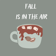 Autumn fall card template with seasonal leaves and items. Celebration design with hand drawn cozy and harvest elements.