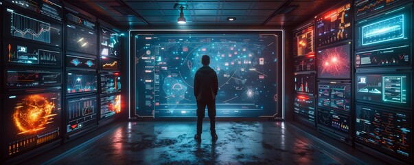 Futuristic Control Room with Advanced Technology and Data Visualization Screens