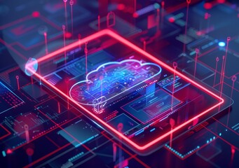 Futuristic Cloud Computing Concept with Neon Lights and Digital Interface for Modern Technology and Innovation