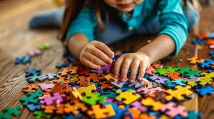 Child's Hands Completing a Jigsaw Puzzle.
