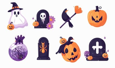 A Halloween clipart set with cute cartoon characters of ghosts, pumpkin candies, gravestones, spiders, eyeball jars, brooms, skulls and ravens in the form of black and white images