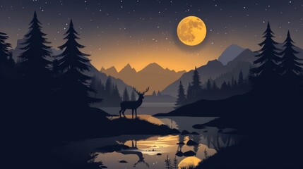 Naklejka premium An interior mural painting with a golden background with dark blue forest trees, deers, birds, and mountains.