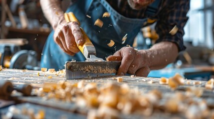 A carpenter's hands carefully using a hand plane to smooth a piece of wood, sawdust flying in the air.