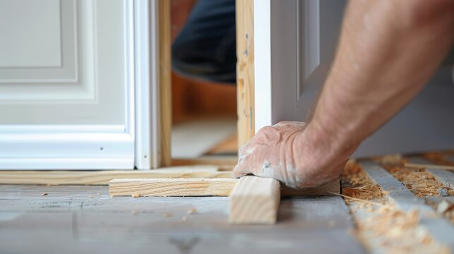 A carpenter's hand places a wooden shim to level a door frame during a home renovation project.