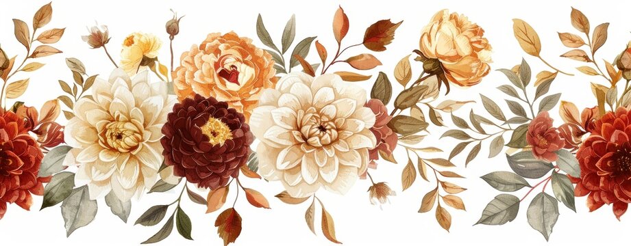 A watercolor of dahlias, roses, and eucalyptus leaves in autumnal colors. Orange flowers, terracotta foliage. A rustic wedding design.