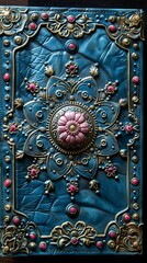 Obraz premium Intricate Blue Leather Journal with Ornate Floral Design and Gold Embellishments