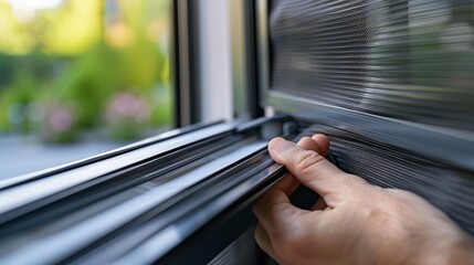 A hand pulls a window shade down, revealing a green, leafy view outside.